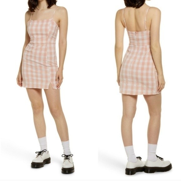 EUC BP. Womens Plaid Square Neck Mini Sundress Coral White Checkered Size M - Picture 2 of 9